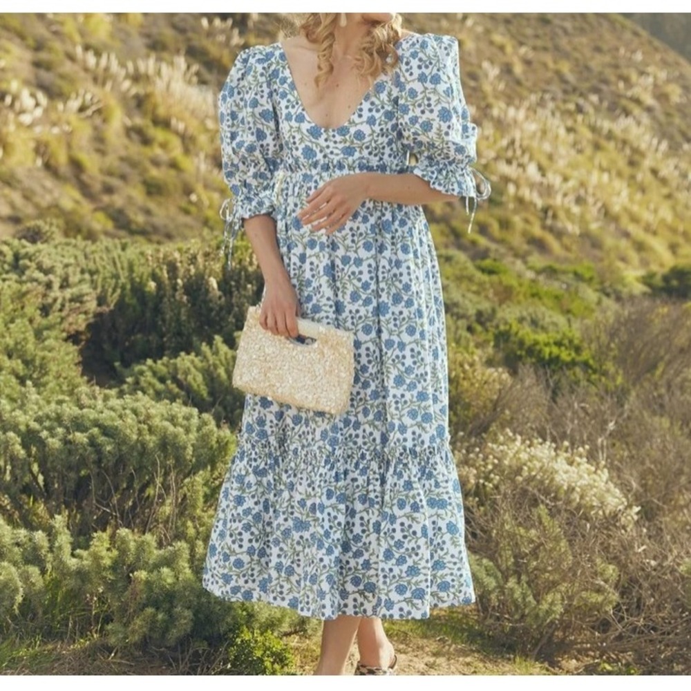 EDDY Puff Sleeve Tiered Midi Dress M Blue Floral Cottage Prairie Garden Party